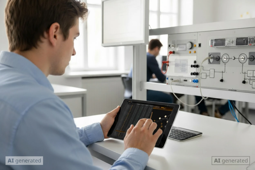 Junger Mann arbeitet im Labor mit Tablet und analysiert technische Daten an einer Prüfanlage.