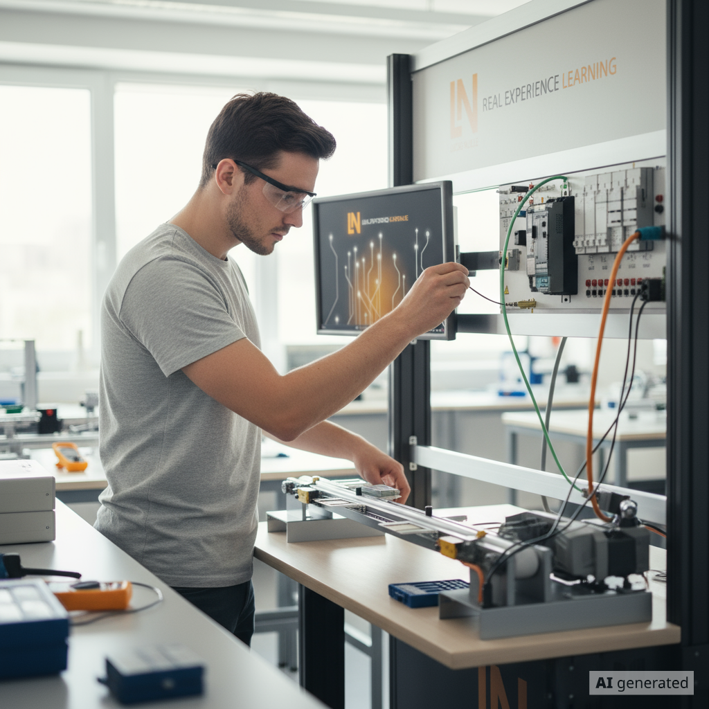Mann mit Schutzbrille arbeitet an Elektronik-Lernsystem in einem Labor